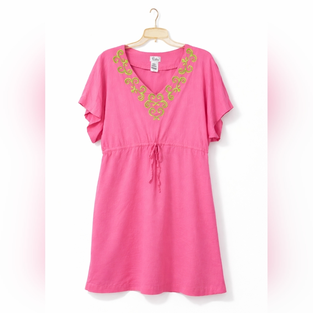 Lilly Pulitzer Beachy Pink Dress with Green Detailing Resortwear Size Large